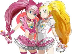 Rule 34 | 10s, 2girls, blonde hair, blue eyes, bow, brooch, choker, cure melody, cure rhythm, dress, earrings, frills, green eyes, hair ornament, hair ribbon, heart, heart background, highres, houjou hibiki, jewelry, long hair, magical girl, midriff, minamino kanade, multiple girls, navel, pink bow, pink hair, pink legwear, precure, ribbon, selicomb, skirt, smile, standing, suite precure, thighhighs, twintails, white background, white choker