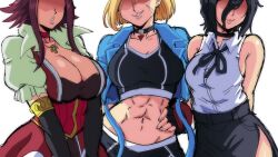 Rule 34 | 3girls, abs, bare shoulders, black choker, black hair, black sports bra, blonde hair, blue jacket, breasts, cammy white, chainsaw man, choker, cleavage, cropped jacket, elbow gloves, fingerless gloves, gloves, hair bun, hand on own hip, highres, izayoi aki, jacket, jewelry, large breasts, lewdamone, lips, medium breasts, multiple girls, navel, neck ribbon, necklace, no eyes, pants, red choker, red hair, reze (chainsaw man), ribbon, scar, scar on face, shaded face, shirt, short hair, simple background, single hair bun, sports bra, street fighter, street fighter 6, white shirt, yoga pants, yu-gi-oh!, yu-gi-oh! 5d&#039;s