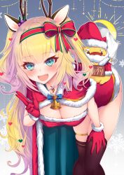 Rule 34 | 1girl, :d, akai haato, animal costume, antlers, bell, bent over, blonde hair, blue bow, blue eyes, blush, bow, breasts, brown thighhighs, capelet, christmas, cleavage, cloak, commentary request, crescent, dress, fake facial hair, fake mustache, fang, fur-trimmed capelet, fur-trimmed cloak, fur-trimmed dress, fur-trimmed gloves, fur-trimmed headwear, fur trim, gloves, haaton (akai haato), hair between eyes, hair bow, hair ornament, hairband, hand on own leg, hat, heart, heart hair ornament, highres, hololive, horns, long hair, medium breasts, open mouth, red bow, red capelet, red cloak, red dress, red gloves, red hairband, red headwear, reindeer antlers, reindeer costume, santa costume, santa hat, skindentation, smile, standing, thighhighs, twintails, very long hair, virtual youtuber, yoshiheihe