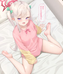 Rule 34 | 1girl, alternate hairstyle, barefoot, bed, blue archive, blush, bow, breasts, commentary request, duplicate, feet, goldowl, green bow, grey hair, hair bow, hair ornament, halo, highres, long hair, long sleeves, looking at viewer, multicolored shirt, mutsuki (blue archive), on bed, pink shirt, purple eyes, red halo, shirt, sitting, small breasts, smile, solo, speech bubble, toes, translation request, twintails
