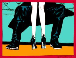 Rule 34 | 1boy, 1girl, alexander (veil), black coat, black footwear, black pants, boots, coat, commentary, couch, dated, emma (veil), high heels, kotteri, legs, on couch, pants, patent heels, pumps, shoes, standing, stiletto heels, veil (manga)