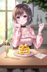 Rule 34 | 1girl, :o, alcohol, bare shoulders, black choker, black skirt, blueberry, blurry, blurry foreground, bob cut, braid, breasts, brown hair, butter knife, choker, collarbone, food, fork, frilled shirt, frills, fruit, hand on own face, hare (hare 1730), highres, holding, holding fork, ice cream, indoors, light particles, long sleeves, looking at viewer, medium breasts, on chair, open mouth, pancake, pink shirt, plate, project sekai, red eyes, shadow, shinonome ena, shirt, short hair, single braid, sitting, skirt, solo, sundae, sunlight, syrup, table, tree, window