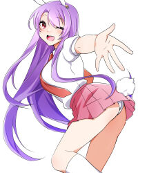 Rule 34 | 1girl, ;d, absurdres, animal ears, breasts, commentary request, highres, large breasts, long hair, looking at viewer, necktie, one eye closed, open mouth, panties, pink skirt, purple hair, rabbit ears, rabbit girl, rabbit tail, red eyes, red necktie, reisen udongein inaba, shirt, short sleeves, simple background, skirt, smile, socks, solo, tail, touhou, underwear, white background, white panties, white shirt, white socks, yukina (masyumaro610)