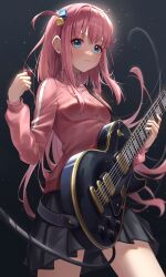 Rule 34 | 1girl, absurdres, akgrn, black skirt, blue eyes, blush, bocchi the rock!, cable, closed mouth, commentary request, cowboy shot, cube hair ornament, electric guitar, gibson les paul, glint, gotoh hitori, guitar, hair ornament, hand up, highres, holding, holding instrument, holding plectrum, instrument, jacket, light frown, long hair, long sleeves, one side up, pink hair, pink jacket, pleated skirt, plectrum, simple background, skirt, solo, track jacket