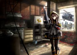 Rule 34 | 1girl, absurdres, aircraft, armband, black footwear, black gloves, black jacket, black pantyhose, black ribbon, black skirt, blood, blood on clothes, blood stain, blouse, brown eyes, brown hair, building, chinese commentary, closed mouth, commentary request, day, death, fingerless gloves, girls&#039; frontline, gloves, grey shirt, gun, h&amp;k ump, h&amp;k ump, helicopter, highres, holding, holding gun, holding weapon, hood, hood up, hooded jacket, huge filesize, jacket, kitchen, kk90, light frown, light particles, long hair, long sleeves, looking at viewer, miniskirt, neck ribbon, open clothes, open jacket, pantyhose, pleated skirt, ribbon, scar, scar across eye, scar on face, shirt, shoes, skirt, solo, standing, uh-60 blackhawk, ump45 (girls&#039; frontline), vehicle request, weapon, window