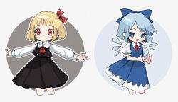 Rule 34 | 2girls, :d, ascot, blonde hair, blue bow, blue dress, blue eyes, blue hair, blush, bow, cirno, collared shirt, cropped legs, dress, hair bow, highres, ice, ice wings, long sleeves, multiple girls, neck ribbon, open mouth, outstretched arms, pinafore dress, puffy short sleeves, puffy sleeves, red ascot, red eyes, red ribbon, red skirt, red vest, ribbon, rumia, shirt, short hair, short sleeves, skirt, skirt set, sleeveless, sleeveless dress, smile, spread arms, touhou, v-shaped eyebrows, vest, white shirt, wings, yujup