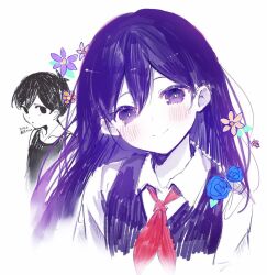 Rule 34 | 1boy, 1girl, antenna hair, black eyes, black hair, black tank top, blue flower, blush, bright pupils, brother and sister, closed mouth, collared shirt, colored skin, flower, hair between eyes, long hair, looking at another, looking at viewer, mari (headspace) (omori), mari (omori), neckerchief, no pupils, noyu (noyu23386566), omori, omori (omori), orange flower, purple eyes, purple flower, purple hair, purple sweater vest, red neckerchief, shirt, short hair, short sleeves, siblings, sketch, sleeveless, smile, solo focus, sweater vest, tank top, white background, white pupils, white shirt, white skin, yellow flower