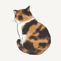 Rule 34 | animal focus, artist name, ayu (mog), calico, cat, facing away, from behind, full body, grey background, no humans, original, signature, simple background, sitting, solo, whiskers