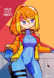 Rule 34 | 1girl, absurdres, blonde hair, blue eyes, blush stickers, bodysuit, english text, frown, furrowed brow, highres, holster, jacket, leaning on object, looking to the side, metroid, mole, mole under mouth, nintendo, ponytail, rariatto (ganguri), samus aran, sidelocks, thigh holster, zero suit