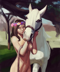 Rule 34 | 1girl, absurdres, blue sky, breasts, brown hair, collarbone, day, field, flower wreath, goldengear870, groin, harness, highres, horse, large breasts, lips, long hair, looking at viewer, navel, nose, nude, nudist, original, out-of-frame censoring, outdoors, purple eyes, sky, skyclad, solo, tree, upper body, white horse