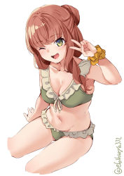 Rule 34 | 1girl, ;d, bikini, blunt bangs, braid, breasts, collarbone, cowboy shot, curly hair, de ruyter (kancolle), ebifurya, frilled bikini, frilled swimsuit, frills, green bikini, green eyes, highres, kantai collection, long hair, medium breasts, one eye closed, open mouth, red hair, side braid, simple background, smile, solo, swimsuit, twitter username, v, white background