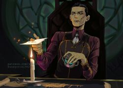 Rule 34 | 1boy, arcane: league of legends, ascot, black hair, candle, chair, closed mouth, commentary, cup, desk, english commentary, fire, grey ascot, heterochromia, holding, holding cup, league of legends, long sleeves, male focus, red shirt, scar, scar on face, shirt, short hair, silco (arcane), sitting, snegovski, solo, window, yellow eyes