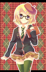 Rule 34 | 1girl, amamine, bad id, bad pixiv id, beret, bespectacled, blonde hair, blue eyes, book, glasses, hair ornament, hairclip, hat, holding, kagamine rin, looking at viewer, necktie, pleated skirt, school uniform, short hair, skirt, smile, solo, thighhighs, vocaloid, zettai ryouiki