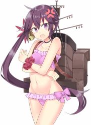 Rule 34 | 10s, 1girl, 501092-taka, akebono (kancolle), anger vein, angry, bare shoulders, bell, bikini, blush, flower, frilled bikini, frills, hair bell, hair flower, hair ornament, jingle bell, kantai collection, long hair, looking at viewer, machinery, navel, open mouth, pink bikini, purple eyes, purple hair, scrunchie, side ponytail, solo, swimsuit, very long hair, wrist scrunchie