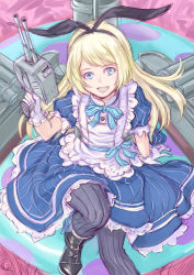 Rule 34 | 1girl, alice (alice in wonderland), alice (alice in wonderland) (cosplay), alice in wonderland, apron, bad id, bad pixiv id, black footwear, black hairband, black pantyhose, blonde hair, blue dress, blue eyes, boots, cannon, cosplay, dress, gloves, hairband, highres, jervis (kancolle), kantai collection, kosai takayuki, long hair, look-alike, looking at viewer, machinery, open mouth, pantyhose, sitting, smile, solo, turret, white gloves