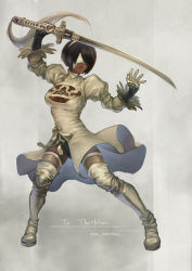 Rule 34 | 1girl, absurdres, alternate color, black hair, black leotard, boots, breasts, cleavage cutout, clothing cutout, commission, covered eyes, dark-skinned female, dark skin, dress, feather-trimmed sleeves, fighting stance, final fantasy, final fantasy xiv, full body, gloves, headband, highres, holding, holding sword, holding weapon, juliet sleeves, leotard, leotard peek, leotard under clothes, lips, long sleeves, lower teeth only, medium breasts, mole, mole under mouth, nier:automata, nier (series), nose, open mouth, player 2, puffy sleeves, short hair, side slit, solo, soul calibur, soulcalibur, soulcalibur vi, stn sentan, sword, tassel, teeth, thigh boots, thighhighs, thighhighs under boots, virtuous contract, weapon, white blindfold, white dress, white footwear, white gloves, white headband, white thighhighs, 2p (nier:automata)
