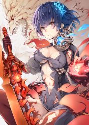 Rule 34 | 1girl, alice (sinoalice), bad id, bad pixiv id, blue hair, breasts, brooch, cleavage, clothing cutout, colored skin, dark persona, fangs, fire, hair ornament, half-nightmare, highres, holding, holding sword, holding weapon, hoshizaki reita, huge weapon, jewelry, lion, looking at viewer, medium breasts, multicolored skin, navel, navel cutout, parted lips, red eyes, red skin, revealing clothes, short hair, sinoalice, sitting, sword, tattoo, weapon
