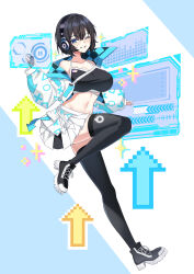 1girl absurdres arrow_(symbol) bad_link bare_shoulders black_footwear black_gloves black_hair black_shirt black_thighhighs blue_eyes breasts crop_top cropped_jacket fingerless_gloves full_body gloves grin hand_up headphones highres jacket large_breasts leg_up long_sleeves looking_at_viewer midriff miniskirt navel off_shoulder one_eye_closed open_clothes open_jacket pleated_skirt puffy_long_sleeves puffy_sleeves shirayuki_hina shirt shoes short_hair skirt sleeveless sleeveless_shirt smile sneakers solo spaghetti_strap stellive stomach thighhighs virtual_youtuber white_jacket white_skirt yt9676 zettai_ryouiki