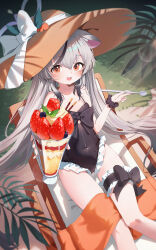 Rule 34 | 1girl, absurdres, adapted costume, animal ears, black one-piece swimsuit, blue archive, blush, breasts, brown hat, cocokawa (cjsj8353), collarbone, commentary, covered navel, extra ears, feet out of frame, film grain, food, grey hair, hair between eyes, hat, highres, holding, holding spoon, ice cream spoon, kokona (blue archive), lens flare, light particles, long hair, one-piece swimsuit, open mouth, orange eyes, parfait, small breasts, smile, solo, spoon, striped clothes, striped one-piece swimsuit, swimsuit, tiger ears, vertical-striped clothes, vertical-striped one-piece swimsuit