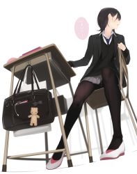 Rule 34 | 1girl, ama mitsuki, black bag, black bow, black hair, black jacket, black pantyhose, black sweater, blazer, blue necktie, bow, chair, commentary request, desk, from side, full body, grey skirt, highres, jacket, looking back, miniskirt, necktie, on chair, open mouth, original, pantyhose, pleated skirt, school chair, school desk, school uniform, shirt, short hair, simple background, sitting, skirt, solo, speech bubble, stuffed toy, sweater, translation request, white background, white shirt