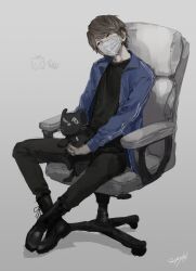 Rule 34 | 1boy, black footwear, black pants, black shirt, blue jacket, boots, brown eyes, brown hair, collared jacket, commentary request, crossed ankles, full body, grey background, highres, holding, holding stuffed toy, jacket, jiz (pffbq), kiyo (youtuber), long sleeves, looking to the side, male focus, mask, mouth mask, niconico, open clothes, open jacket, pants, real life, shirt, short hair, signature, simple background, sitting, stuffed animal, stuffed cat, stuffed toy, surgical mask, swivel chair, terebi-chan