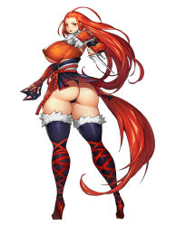 Rule 34 | 1girl, absurdres, armor, ass, breasts, covered erect nipples, fox mask, full body, fur trim, gurimjang, high heels, highres, holding, holding mask, holding weapon, impossible clothes, long hair, looking at viewer, looking back, mask, original, red hair, revealing clothes, rope belt, sai (weapon), sash, shoulder armor, simple background, skindentation, smile, standing, thong, weapon, white background