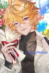 Rule 34 | 1boy, balloon, black shirt, blue eyes, bouquet, closed mouth, drop earrings, earrings, flower, genshin impact, happy birthday, highres, holding, holding bouquet, jacket, jewelry, looking at viewer, mayu mey, open clothes, open jacket, orange hair, ring, shirt, smile, solo, tartaglia (genshin impact), tight clothes, tight shirt, turtleneck, white jacket