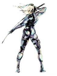 Rule 34 | 1boy, absurdres, androgynous, arm up, ass, blonde hair, bodysuit, elbow pads, from behind, full body, highres, legs apart, male focus, metal gear (series), metal gear solid 2: sons of liberty, official art, parted lips, profile, raiden (metal gear), shinkawa youji, simple background, solo, sword, thigh strap, turtleneck, weapon, white background