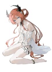 Rule 34 | aco gbfg, anklet, arknights, babydoll, bare shoulders, barefoot, between legs, bikini, black bikini, black ribbon, breasts, burnt clothes, cleavage, closed mouth, detached sleeves, full body, hair rings, hand between legs, highres, horn ornament, horns, jewelry, long hair, long sleeves, looking at viewer, neck ribbon, official alternate costume, purple eyes, red hair, ribbon, side-tie bikini bottom, sitting, small breasts, star (symbol), surtr (arknights), surtr (colorful wonderland) (arknights), swimsuit, thigh strap, very long hair, wariza