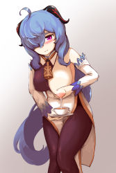 Rule 34 | 1girl, absurdres, ahoge, bare shoulders, bell, black gloves, black pantyhose, blue hair, blush, breast milk, breasts, coconut, detached sleeves, fruit cup, ganyu (genshin impact), genshin impact, gloves, goat horns, highres, horns, lactating into container, large breasts, long hair, looking at viewer, medium breasts, neck bell, one breast out, pantyhose, purple eyes, sidelocks, smile, solo, taphris, white background