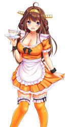 Rule 34 | 10s, 1girl, :d, ahoge, alternate costume, anna miller, antennae, apron, black ribbon, blush, breasts, bridal garter, brown hair, choker, cleavage, collarbone, cup, double bun, dress, drink, female focus, frilled dress, frilled sleeves, frilled thighhighs, frills, hair bun, hair intakes, hairband, headgear, highres, holding, jewelry, kantai collection, kishimen, kongou (kancolle), large breasts, long hair, looking at viewer, necklace, open mouth, orange dress, orange skirt, orange thighhighs, over-kneehighs, pendant, puffy short sleeves, puffy sleeves, purple eyes, ribbon, short sleeves, simple background, skirt, skirt hold, smile, solo, standing, teacup, thighhighs, very long hair, waist apron, waitress, white background, wrist cuffs, zettai ryouiki