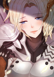 Rule 34 | 10s, 1boy, 1girl, 2016, armor, blonde hair, blue eyes, blush, bodysuit, breasts, close-up, dated, gloves, halo, high ponytail, large breasts, leafyanna, light smile, lips, long hair, looking at viewer, mask, mechanical halo, mercy (overwatch), on shoulder, overwatch, overwatch 1, ponytail, portrait, reaper (overwatch), signature, wings