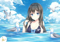 Rule 34 | 1girl, bird, black hair, blue eyes, blush, breasts, cleavage, closed mouth, collarbone, long hair, looking at viewer, medium breasts, original, partially submerged, seagull, smile, solo, swimsuit, upper body, yukinoshita (shaonjishi)