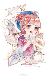 Rule 34 | 1girl, ahoge, beret, blue eyes, blue hat, blunt bangs, blunt ends, bottle, buttons, cherry blossom print, chinese commentary, cloud, collarbone, collared shirt, commentary request, cork, eyelashes, floral print, hat, hat ribbon, holding, holding paper, huangpi sang, long sleeves, looking at viewer, low ponytail, open mouth, origami, original, paper, paper airplane, paper boat, paper crane, pink hair, purple sailor collar, purple sweater, red ribbon, ribbon, sailor collar, shirt, short hair, short ponytail, smile, solo, star (symbol), sweater, teeth, upper body, watermark, weibo logo, weibo watermark, white background