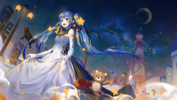 Rule 34 | 1girl, blue eyes, blue hair, rabbit, cat, city, copyright name, crescent moon, dress, elbow gloves, floating hair, gloves, hair ribbon, hatsune miku, highres, ji dao ji, long hair, moon, night, night sky, number tattoo, open mouth, outdoors, ribbon, shoulder tattoo, skirt hold, sky, solo, star (sky), star (symbol), starry sky, stuffed animal, stuffed toy, tattoo, teddy bear, tower, twintails, very long hair, vocaloid, white dress, white gloves