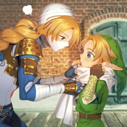 Rule 34 | 2boys, adjusting scarf, age difference, armor, belt, blonde hair, blue eyes, blush, braid, fingerless gloves, from side, genderswap, genderswap (ftm), gloves, green headwear, hat, leaning forward, link, long pointy ears, mask, miri (cherryjelly), mouth mask, multiple boys, nintendo, pointy ears, profile, red eyes, scarf, sheik, shoulder armor, single braid, the legend of zelda, the legend of zelda: ocarina of time, tunic, turban, white scarf, young link