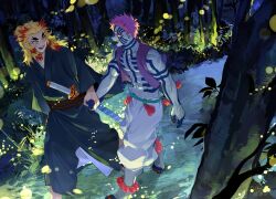 Rule 34 | 2boys, abs, akaza (kimetsu no yaiba), bead anklet, belt, black robe, blonde hair, chest tattoo, chrispplus, facial tattoo, fireflies, foot out of frame, forest, green belt, highres, holding hands, kimetsu no yaiba, leaf, male focus, medium hair, multicolored hair, multiple boys, nature, open clothes, open mouth, open vest, pink hair, purple vest, rengoku kyoujurou, robe, short hair, smile, stomach tattoo, streaked hair, sword, tattoo, teeth, toned, toned male, tree, two-tone hair, vest, weapon, yaoi