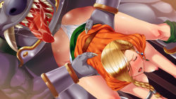 Rule 34 | 1boy, 1girl, ass, belt, bianca (dq5), blonde hair, blush, breasts, breasts out, censored, dragon quest, dragon quest v, earrings, closed eyes, hanging breasts, hetero, highres, inja no kuruwa, jewelry, large breasts, legs, long hair, monster, monster boy, mosaic censoring, nipples, open mouth, panties, penis, rape, sex, square enix, sweat, thighs, top-down bottom-up, underwear, vaginal, white panties