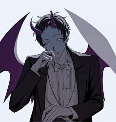 Rule 34 | 1boy, adachi tooru, akinashi (uw 0w0), black hair, black jacket, collared shirt, commentary request, demon boy, demon horns, demon wings, fingernails, grey background, hand on own cheek, hand on own face, hand on own leg, hand up, highres, horns, jacket, long sleeves, looking at viewer, male focus, persona, persona 4, purple horns, purple wings, sharp fingernails, shirt, short hair, simple background, smile, solo, white shirt, wings, yellow eyes