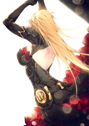Rule 34 | 1girl, arms up, backless dress, backless outfit, belt, black dress, black gloves, blonde hair, breasts, cosplay request, cowboy shot, dancing, dress, dutch angle, elbow gloves, facing away, frills, from behind, genderswap, genderswap (mtf), gloves, izumi kouhei, large breasts, long hair, pepper fever, simple background, solo, white background, world trigger