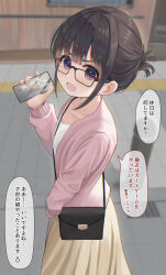 Rule 34 | 1girl, :d, bag, black hair, blurry, blurry background, brown skirt, cellphone, day, depth of field, folded ponytail, from side, glasses, hand up, highres, holding, holding phone, jacket, long sleeves, looking at viewer, looking to the side, mimikaki (men bow), open clothes, open jacket, open mouth, original, outdoors, phone, pink jacket, pleated skirt, puffy long sleeves, puffy sleeves, shirt, shoulder bag, skirt, smile, solo, translation request, v-shaped eyebrows, white shirt