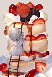 Rule 34 | 2boys, all fours, bad id, bad twitter id, black robe, capelet, chibi, chibi only, erichthonios, final fantasy, final fantasy xiv, flying sweatdrops, food, food focus, fruit, grey background, grey hair, in food, ladder, male focus, mini person, miniboy, multiple boys, no mouth, orange eyes, orange hair, pancake, pancake stack, reaching, robe, short hair, solid circle eyes, strawberry, syrup, themis (ff14), whipped cream, white capelet, white robe, xioiri