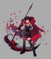 Rule 34 | 1girl, boots, cape, corset, dress, ein lee, full body, long sleeves, official art, puffy long sleeves, puffy sleeves, ruby rose, rwby, scythe, short hair, grey eyes, simple background, solo, thighhighs, vambraces, weapon, zettai ryouiki