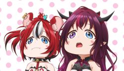 Rule 34 | 2girls, animal ears, blue eyes, blush stickers, closed mouth, collar, dice hair ornament, hair between eyes, hair ornament, hakos baelz, heterochromia, hololive, hololive english, horns, irys (hololive), irys (irys 1.0) (hololive), jan azure, mouse ears, mr. squeaks (hakos baelz), multicolored hair, multiple girls, pointy ears, polka dot, polka dot background, shirt, spiked collar, spikes, strapless, strapless shirt, virtual youtuber
