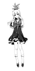 Rule 34 | 1girl, arms behind back, bobby socks, closed mouth, commentary, dress, frilled dress, frills, full body, greyscale, hat, highres, kamishirasawa keine, long hair, looking at viewer, monochrome, neckerchief, puffy sleeves, renzaoshen, shoes, smile, socks, solo, standing, tokin hat, touhou