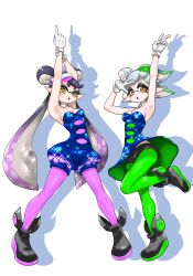 Rule 34 | 2girls, ankle boots, armpits, arms up, bare shoulders, black footwear, black hair, black shorts, blue dress, blue jumpsuit, boots, bow-shaped hair, breasts, callie (splatoon), cleavage, cousins, cross-shaped pupils, detached collar, dress, drop shadow, food, food on head, gloves, gradient hair, green hair, green pantyhose, grey hair, highres, inkling, jumpsuit, koharu2.5, long hair, marie (splatoon), medium breasts, mole, mole under eye, multicolored hair, multiple girls, nintendo, object on head, open mouth, pantyhose, pink hair, pink pantyhose, pointy ears, red pupils, short dress, short hair, short jumpsuit, shorts, shorts under dress, splatoon (series), splatoon 1, strapless, strapless dress, suction cups, symbol-shaped pupils, teeth, tentacle hair, two-tone hair, upper teeth only, very long hair, white gloves, yellow eyes