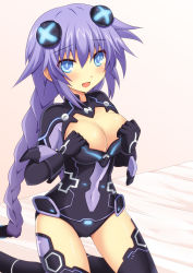 Rule 34 | 10s, 1girl, :d, bed, black thighhighs, blue eyes, blush, bracer, braid, breasts, cleavage, cleavage cutout, clothing cutout, covered navel, cross, cross (crossryou), d-pad, d-pad hair ornament, female focus, gloves, glowing, hair between eyes, hair ornament, hands on breasts, headgear, hip focus, indoors, kneeling, large breasts, leotard, long hair, looking at viewer, magical girl, neon trim, neptune (neptunia), neptune (series), on bed, open mouth, power symbol, power symbol-shaped pupils, purple hair, purple heart (neptunia), red cross, sidelocks, smile, solo, symbol-shaped pupils, thighhighs, turtleneck, twin braids, very long hair