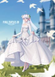 Rule 34 | 1girl, :d, absurdres, ahoge, alisaie leveilleur, bird, blue eyes, blurry, blurry background, breasts, bridal veil, castle, cleavage, commentary, commentary request, dress, earrings, elezen, elf, final fantasy, final fantasy xiv, flower, sad, hair flower, hair ornament, high heels, highres, jewelry, logo, long sleeves, medium breasts, open mouth, outdoors, partial commentary, pointy ears, ponytail, skirt hold, smile, tight dress, veil, wedding dress, white dress, white footwear, white hair