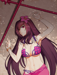 Rule 34 | 1girl, bikini, bracelet, breasts, cleavage, collarbone, fate/grand order, fate (series), flower, gae bolg (fate), hair flower, hair intakes, hair ornament, hibiscus, highres, hyperbudd, jewelry, large breasts, long hair, lying, navel, on back, polearm, purple bikini, purple hair, purple sarong, red eyes, sand, sarong, scathach (fate), scathach (fate), scathach (fate/grand order), scathach (swimsuit assassin) (fate), solo, spear, swimsuit, underboob, weapon