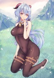 Rule 34 | 1girl, ahoge, bad id, bad pixiv id, bare arms, bell, blue hair, blush, bodystocking, bodysuit, bow, breasts, brown leotard, brown pantyhose, covered navel, full body, ganyu (genshin impact), genshin impact, grass, groin, high heels, highres, horns, kneeling, large breasts, leotard, leotard under clothes, long hair, looking at viewer, low ponytail, multicolored eyes, neck bell, no gloves, outdoors, pantyhose, parted lips, purple eyes, sidelocks, sleeveless, solo, thighlet, thighs, yukiko (leovioykk)